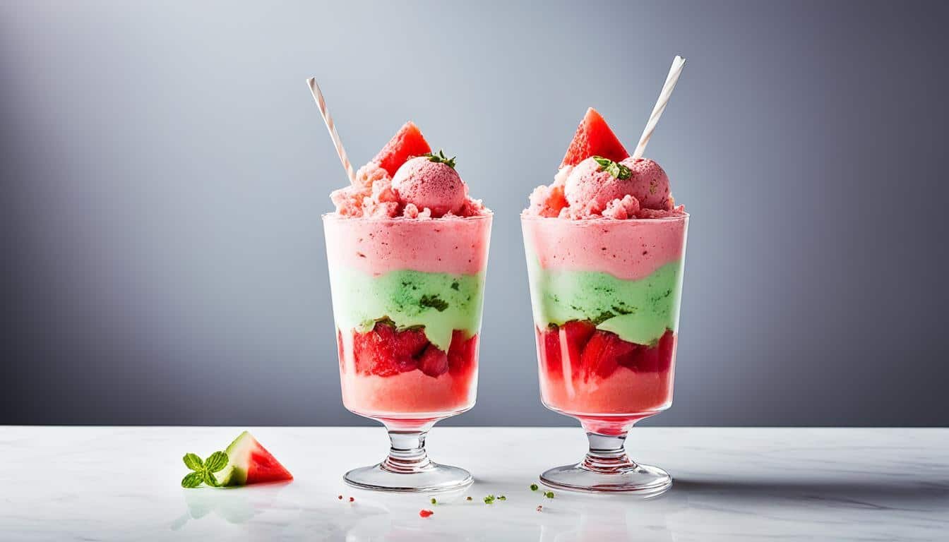 Watermelon granita and strawberry ice cream